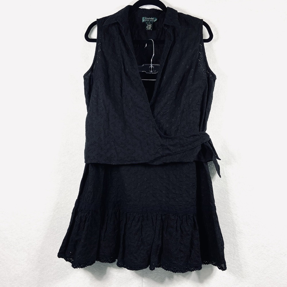 Lauren Ralph Lauren 2PC Skirt Set Women's Top Size L Skirt Size 10 Black Eyelete